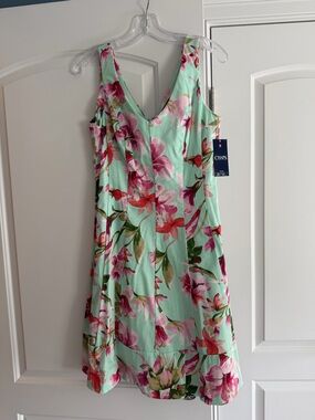 Chaps Mint Floral V-Neck A-Line Dress
